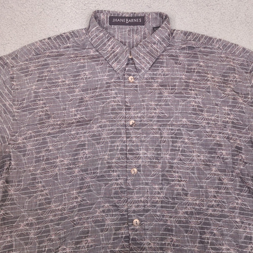 Jhane Barnes Shirt Mens Large Textured Jacquard Palm Floral Gray Brown Button Up